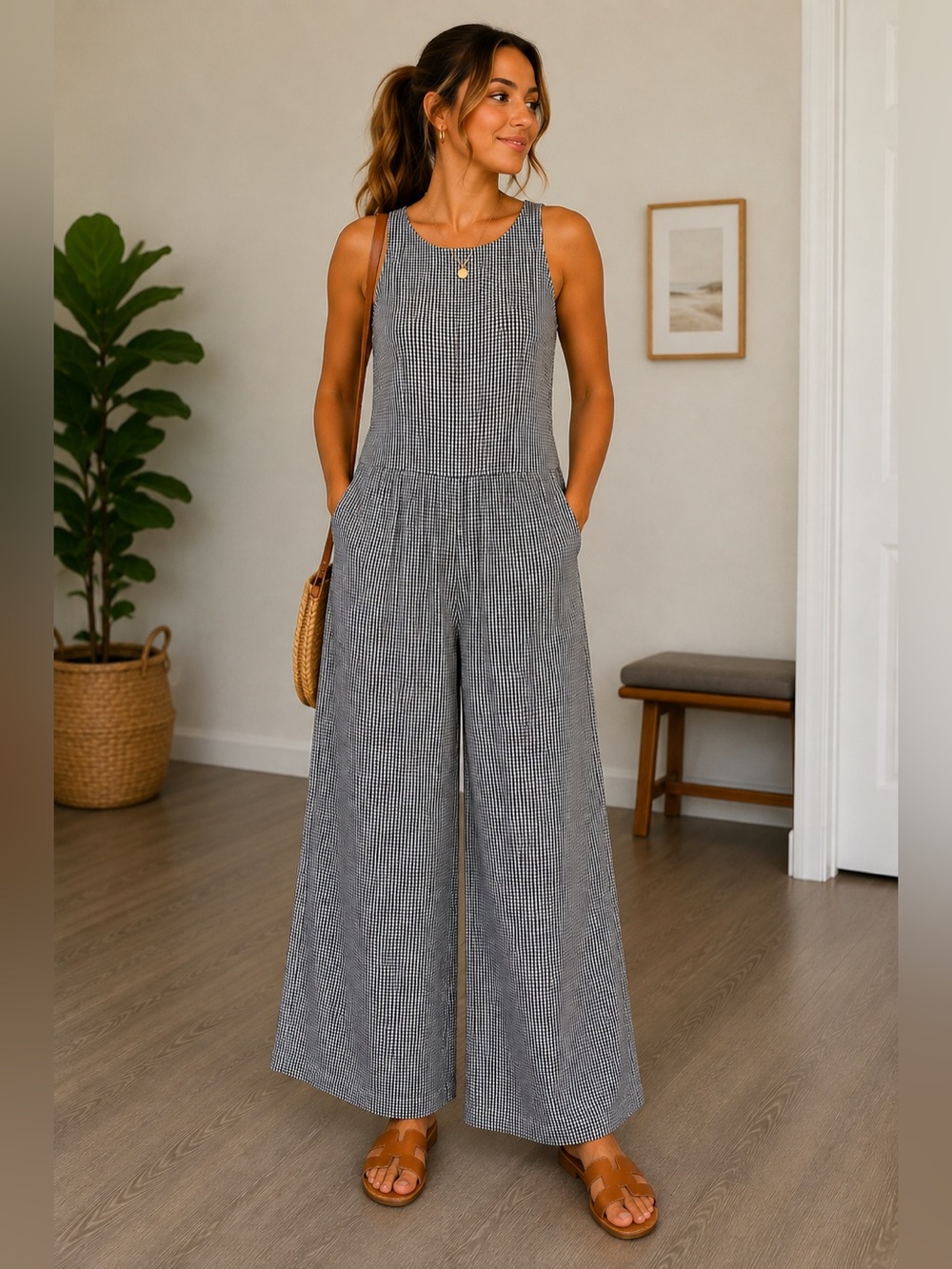 Zanzea Black White Gingham Wide Leg Jumpsuit Size L